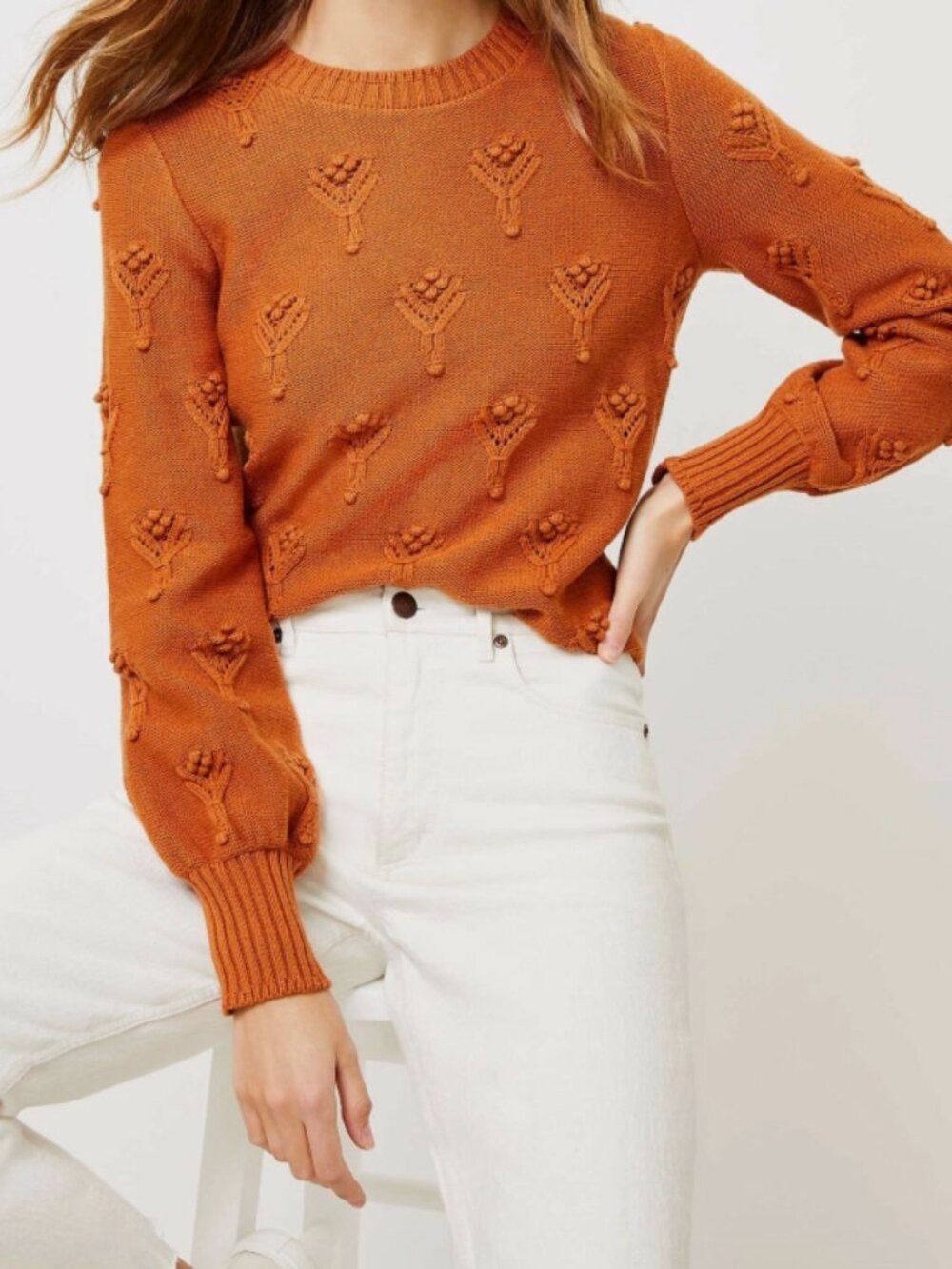 NWT LOFT Blouson Sleeves Bobble Pointelle Sweater Cotton Wool blend